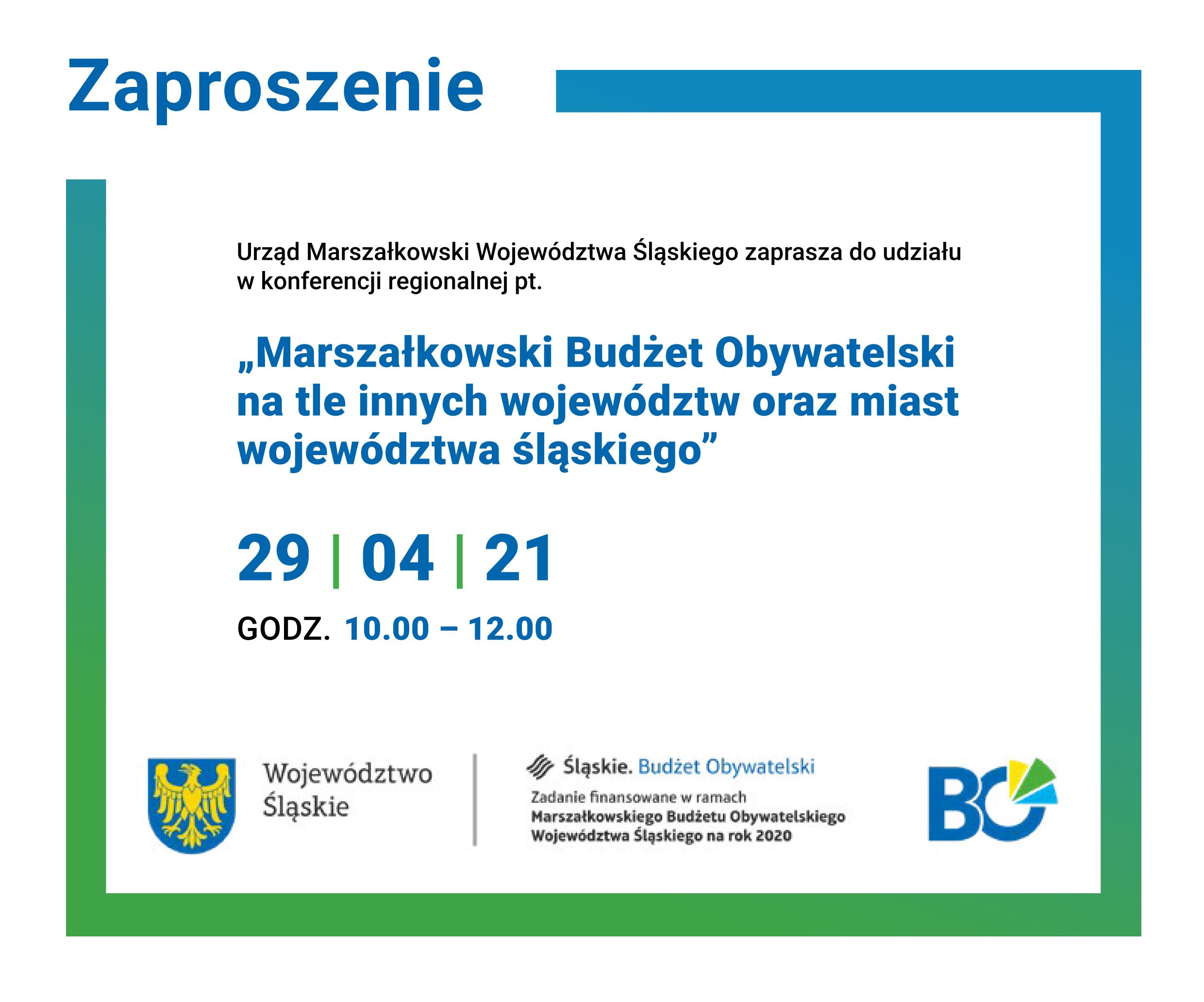 Plakat informacyjny - konferencja Marszałkowski Budżet Obywatelski na tle innych województw oraz miast województwa śląskiego