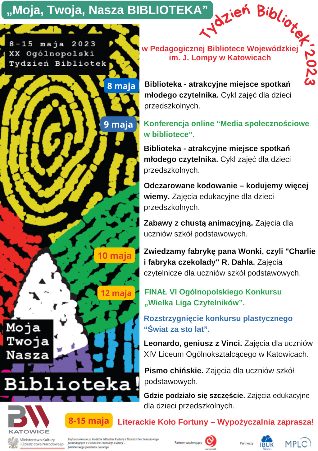 Plakat z programem Tygodnia Bibliotek 2023 w PBW w Katowicach